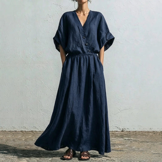 Belted Wrap Linen Blend Pocket Maxi Dress