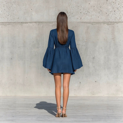 Ruffled High‑Neck Bell‑Sleeve Elastic Waist Mini Dress