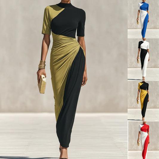 Asymmetrical Color Block Ruched High Neck Midi Bodycon Dress