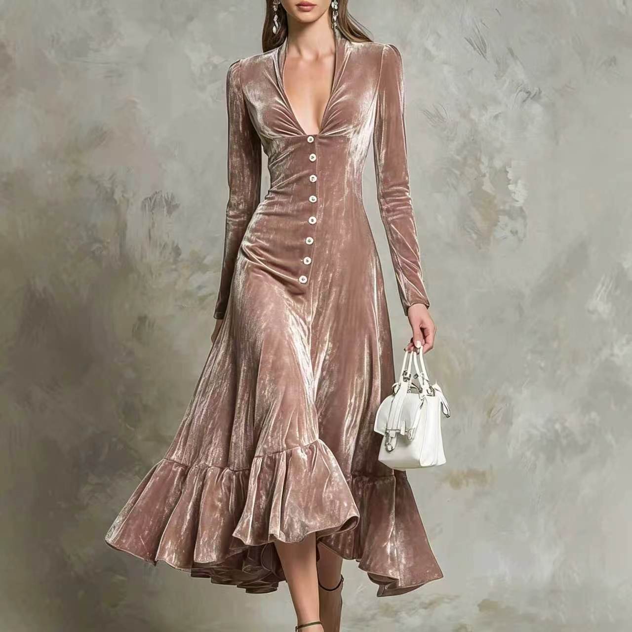 Button-Front Velvet Midi Dress