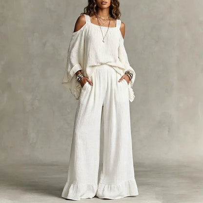 Women Solid Textured Cold Shoulder Batwing Top Elastic Waist Ruffle Wide Leg Pants Matching Set