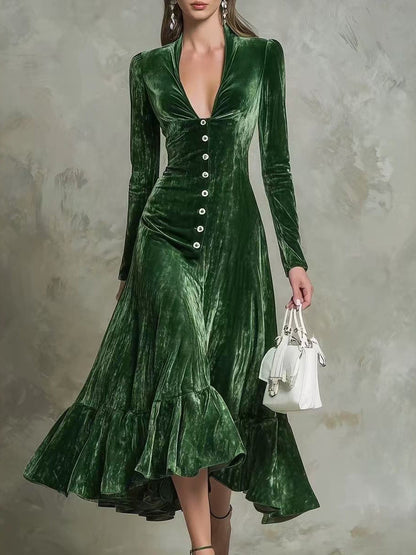 Button-Front Velvet Midi Dress
