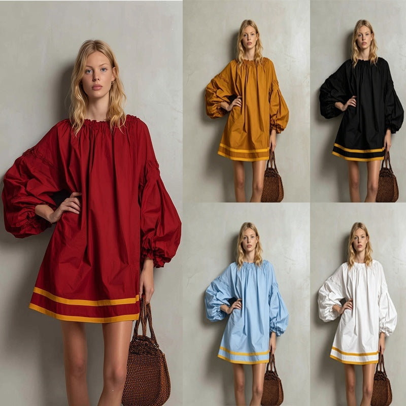 Ruffled Neck Balloon Sleeve Contrast Trim Poplin Mini Dress