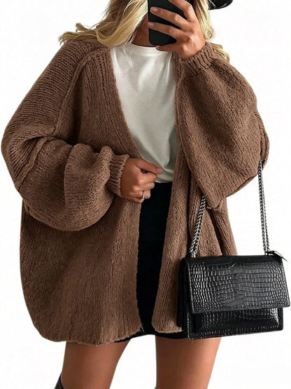 Women's Solid Color Chunky Knit Open Front Lantern Sleeve Mid-Length Cardigan