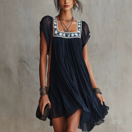 Midnight Floral Embroidered Pleated Mini Dress