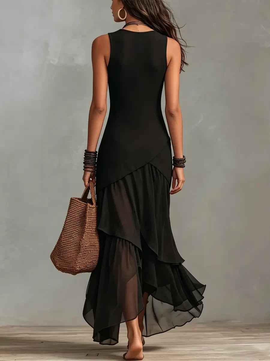 Sleeveless Asymmetric Layered Chiffon Maxi Dress