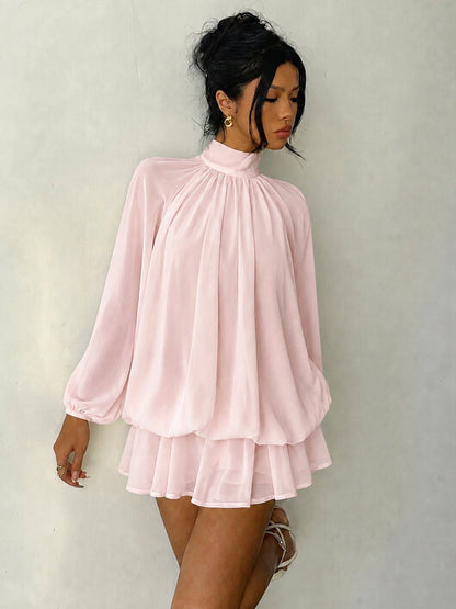Mock Neck Long Sleeve Skort Dress Women Solid Ruffle Layer Hem Loose Casual Mini Dress