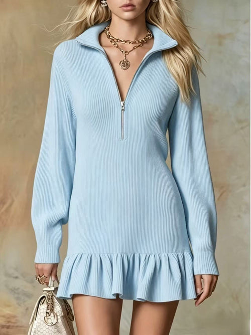 Half‑Zip Collared Ribbed Knit Ruffle Hem Sweater Dress
