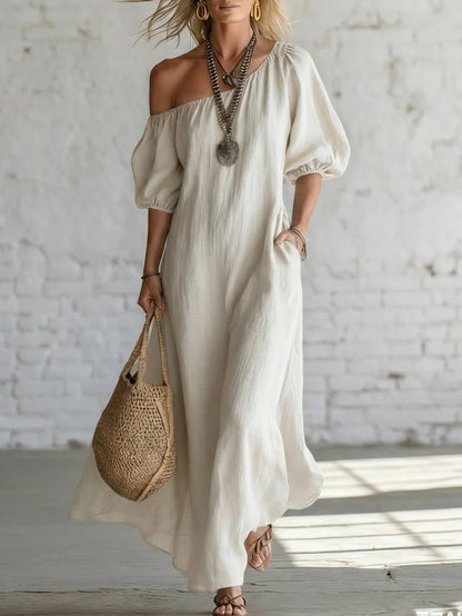 Effortless Off-Shoulder Linen-Blend Maxi Dress