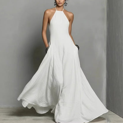 Cotton And Linen Blend Simple Backless Sleeveless Long Dress