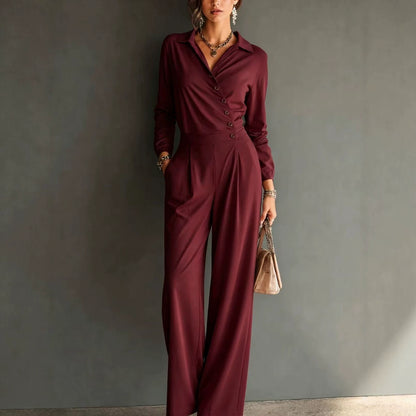 Asymmetric Wrap Shirt Wide Leg Pleated Jumpsuit