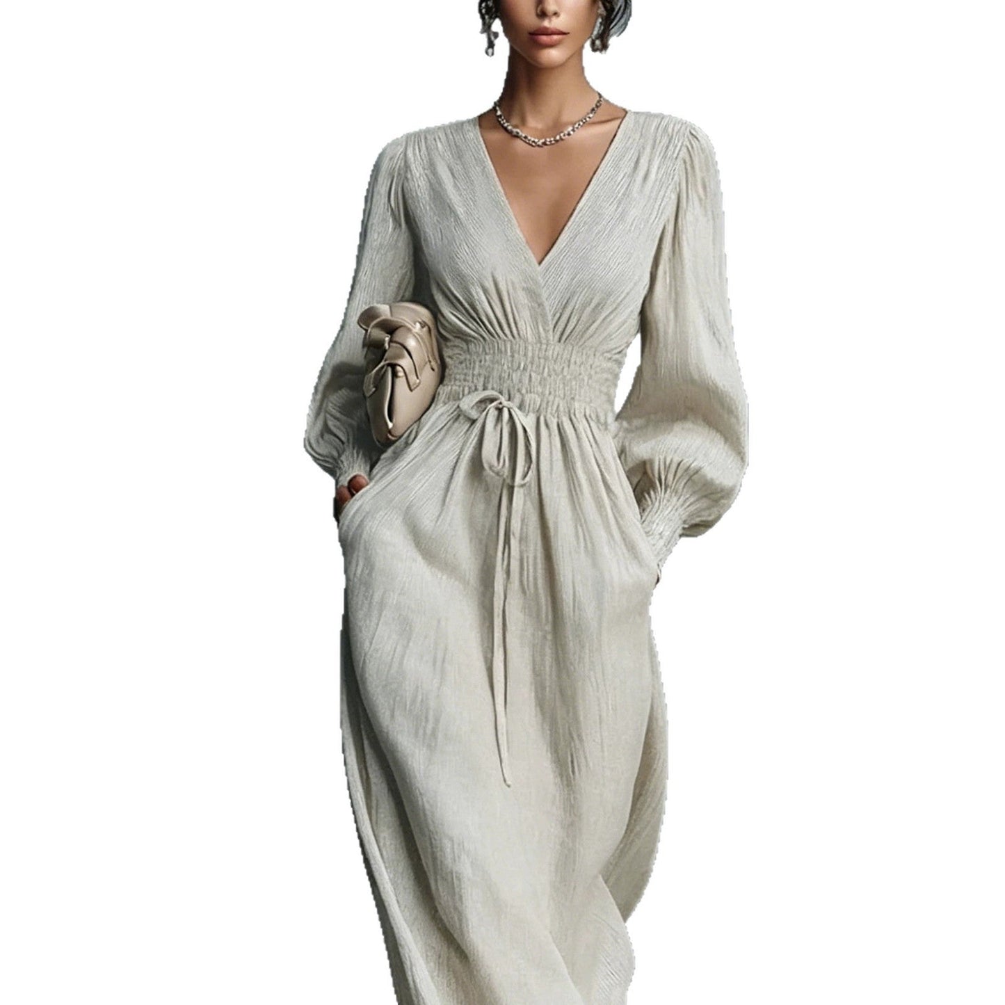Textured V-Neck Smocked Waist Maxi Dress