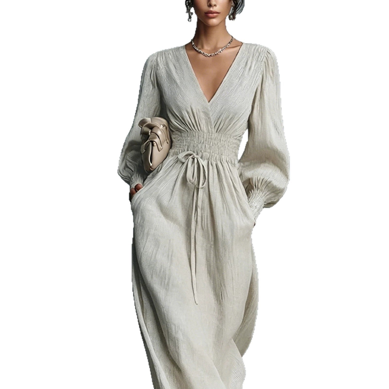 Textured V-Neck Smocked Waist Maxi Dress