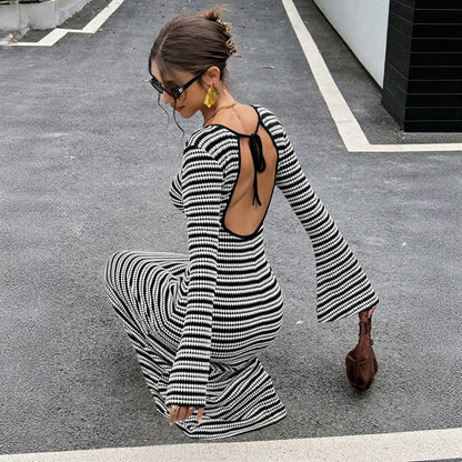 Urban Monochrome Striped Knit Maxi Dress Statement Bell Sleeve Slim‑Fit Long Party Dinner Dress