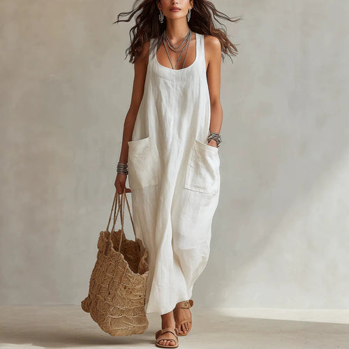 U-Neck Sleeveless Loose Pocket Maxi Dress, Casual Flowy Long Dress
