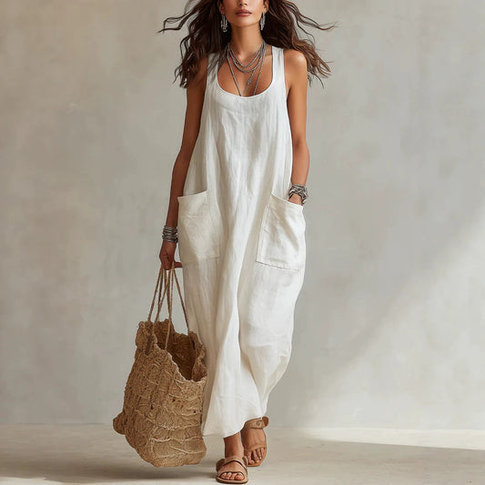 U-Neck Sleeveless Loose Pocket Maxi Dress, Casual Flowy Long Dress