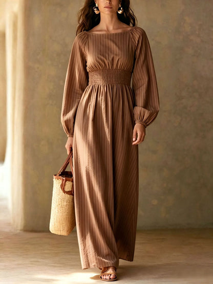 Pinstripe Smocked‑Waist Balloon Sleeve Maxi Dress
