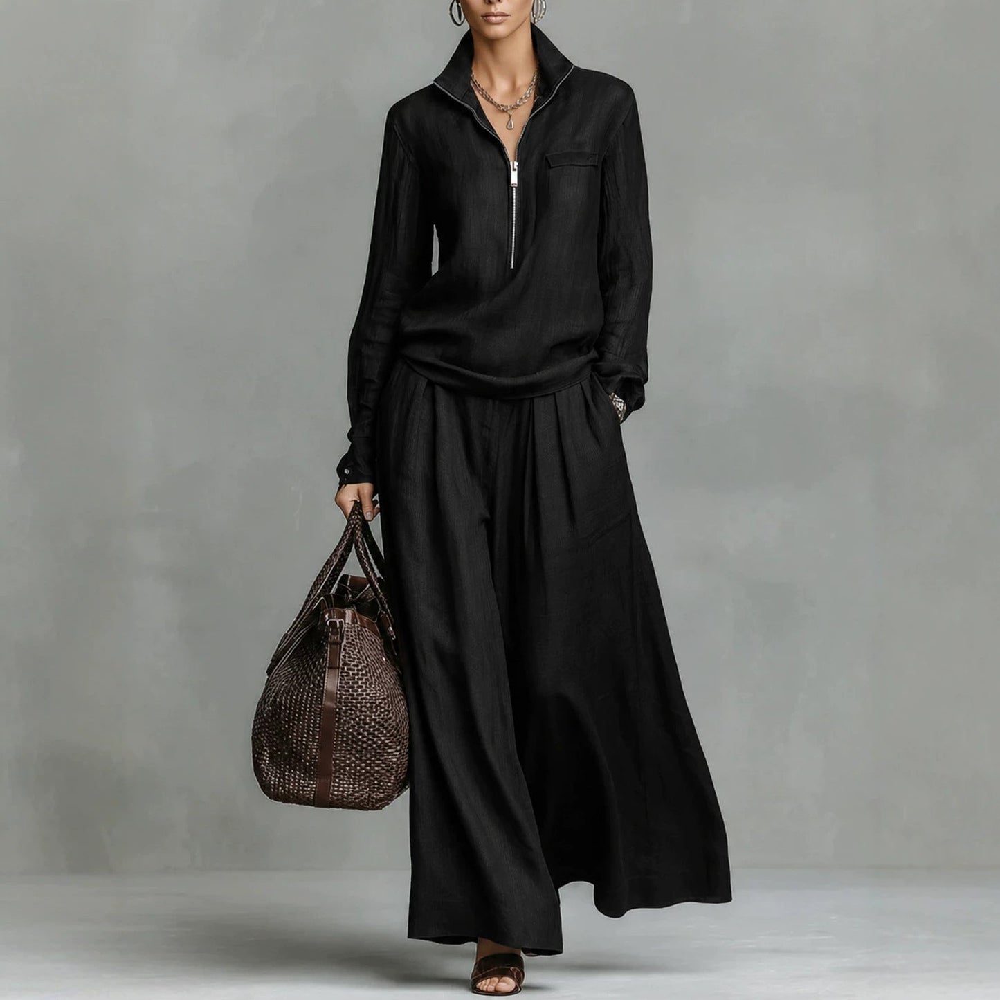 Linen Two Piece Set Women Half Zip Top & Wide Leg Pants Casual Co‑ord Outfit