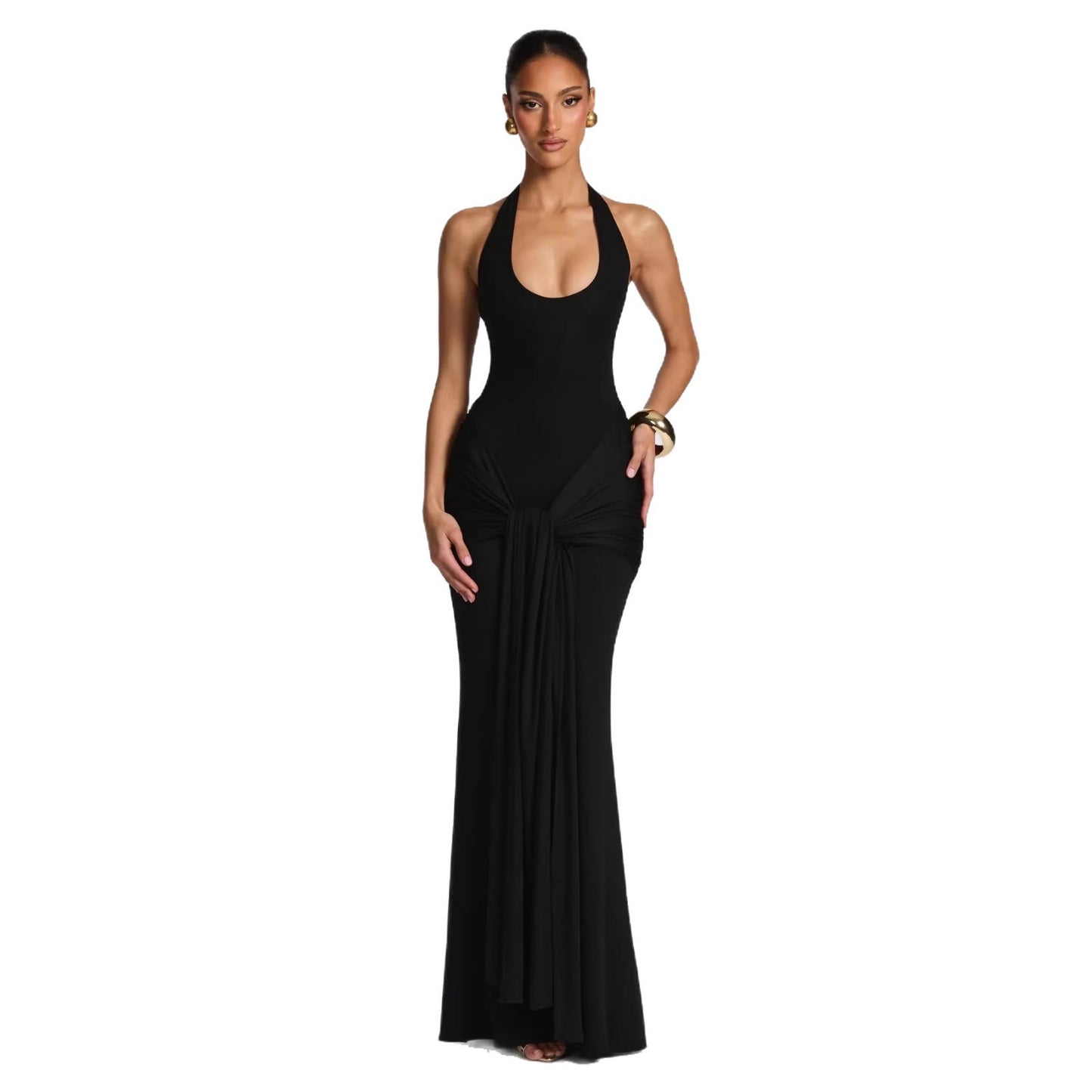 Halter Ruched Draped Mermaid Maxi Evening Dress