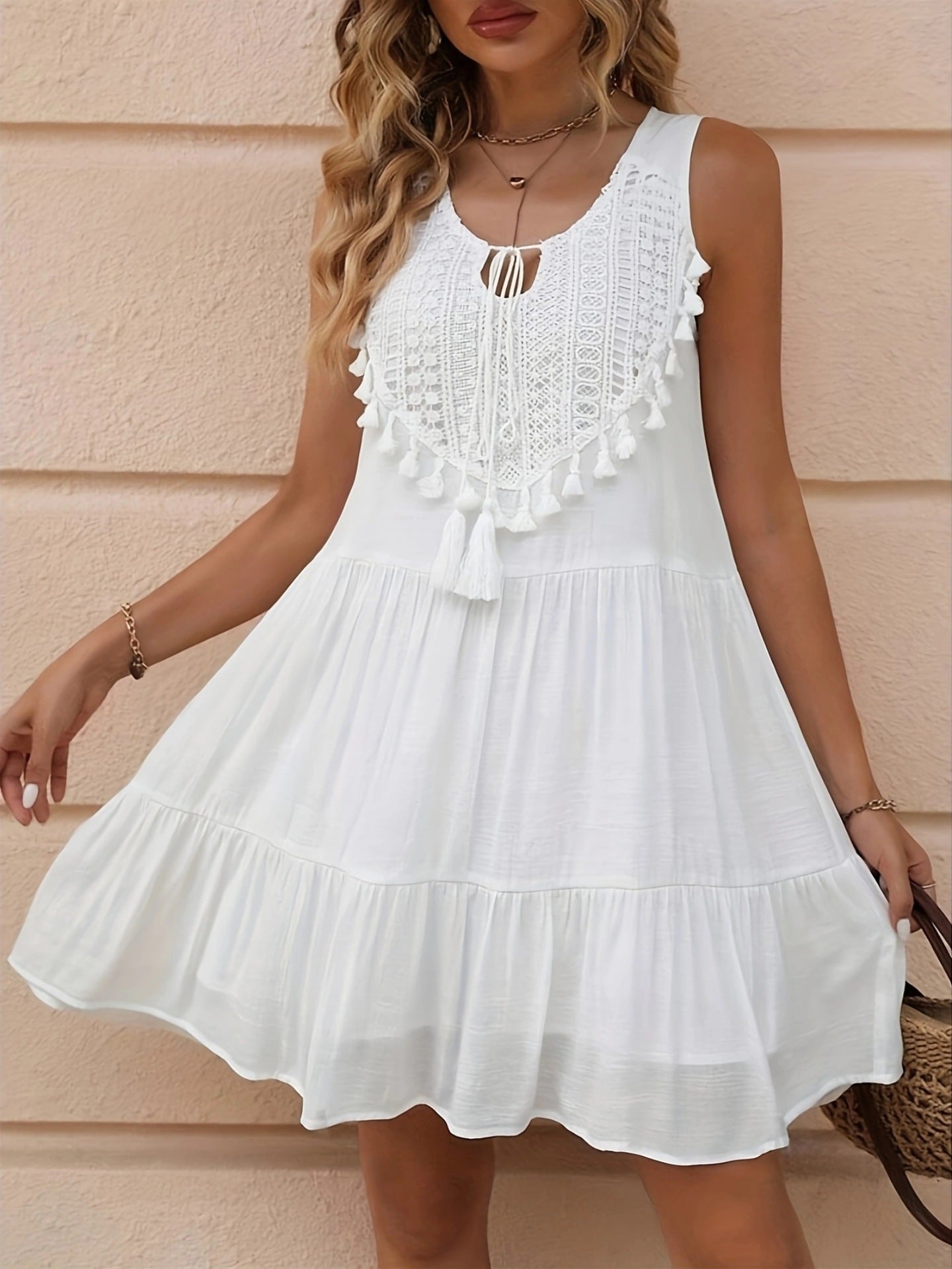 Crochet Lace Tassel‑Trim Sleeveless Tiered Mini Dress