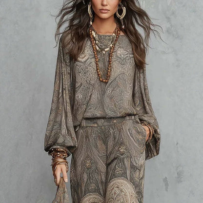 Vintage Paisley Print Long Sleeve Blouse & High Waist Wide Leg Pants 2 Piece Boho Co-Ord Set