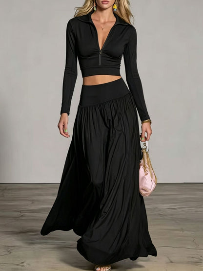 Half‑Zip Crop Top & High‑Waist Flowy Maxi Skirt Two‑Piece Set