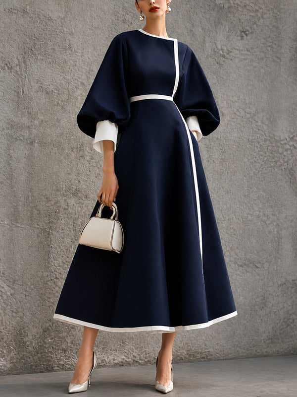 Women’s Solid Navy Contrast‑Trim Balloon‑Sleeve Belted Maxi Dress - Navy / S