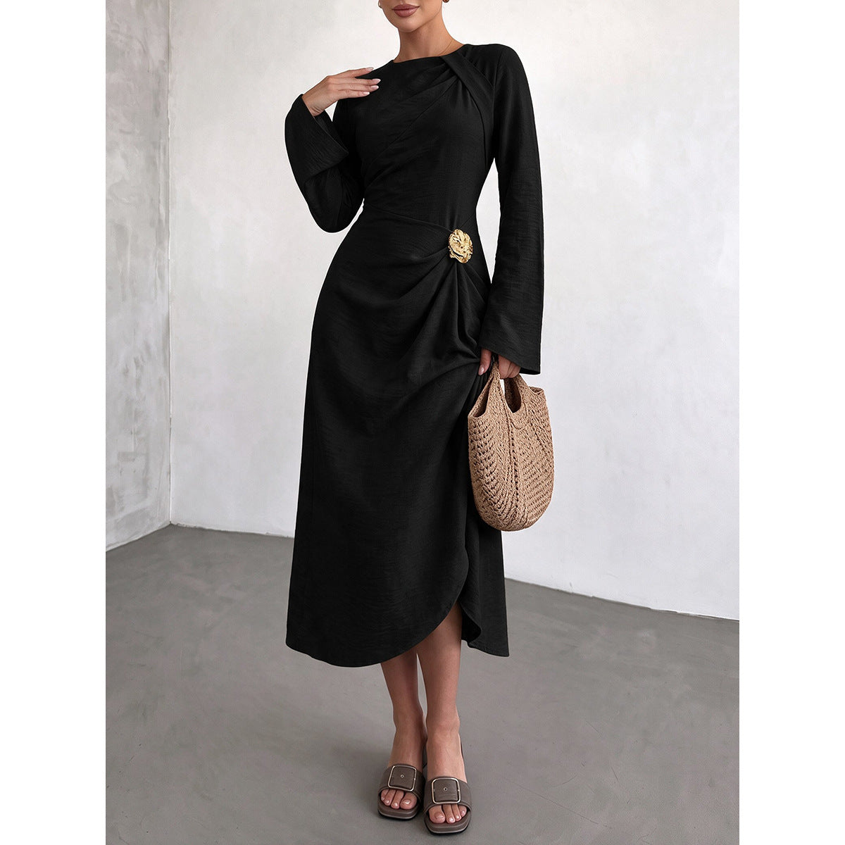 Round Neck Flare Sleeve Gold Ornament Ruched Midi Dress