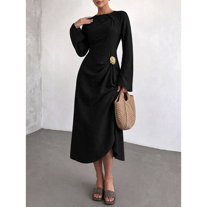 Round Neck Flare Sleeve Gold Ornament Ruched Midi Dress