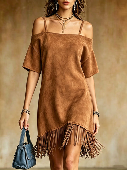 Off Shoulder Spaghetti Strap Suede Fringe Mini Dress