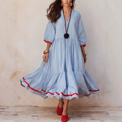 Stripe Red‑Trim Tiered Linen‑Blend Maxi Dress
