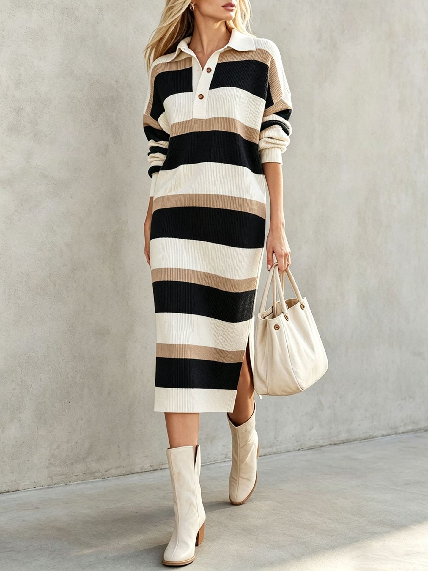 Striped Polo Collar Knit Midi Dress