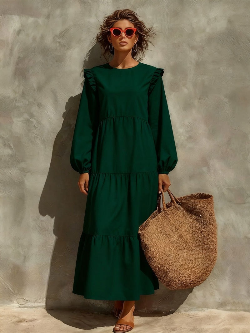 Women's Solid Emerald Green Ruffle Shoulder Tiered Long‑Sleeve Maxi Dress