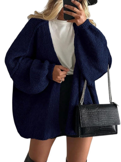 Women's Solid Color Chunky Knit Open Front Lantern Sleeve Mid-Length Cardigan