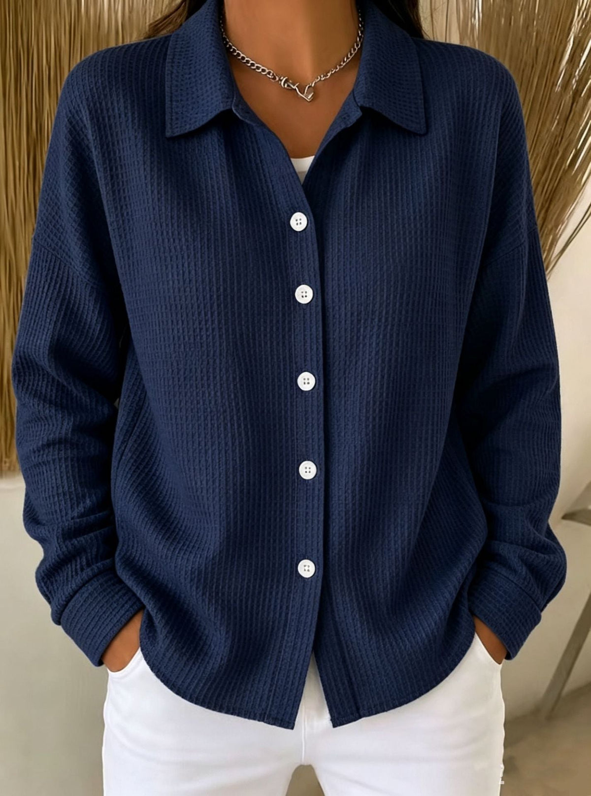 Women’s Light Blue Waffle Knit Lapel Button Down Long Sleeve Shirt - Navy / S