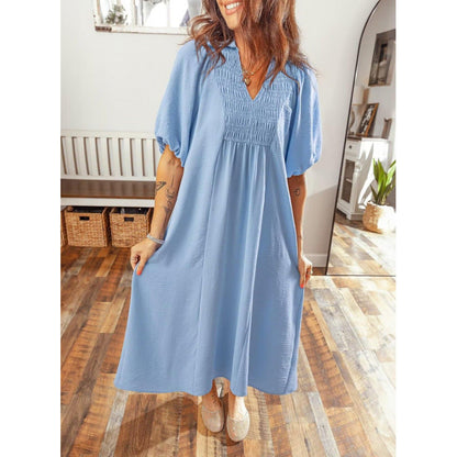 Smocked V‑Neck Puff‑Sleeve Midi Dress