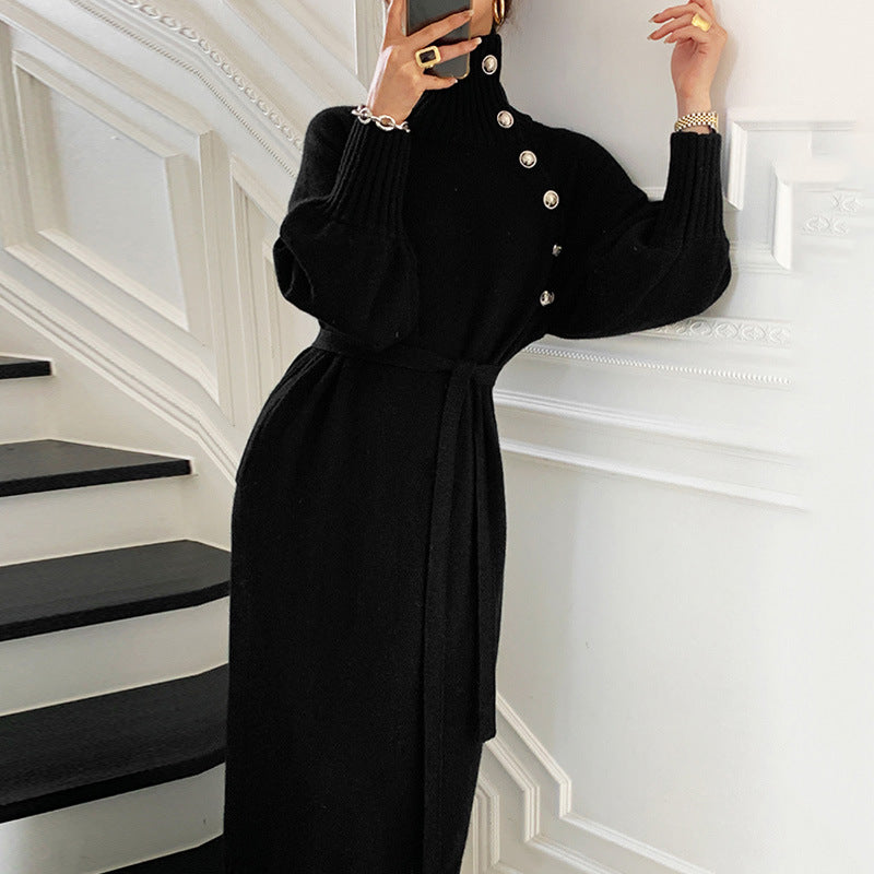 Asymmetric Button Batwing Sleeve Belted Knit Midi Dress