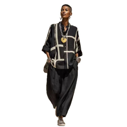 Geometric Print Linen Two Piece Shirt & Wide Leg Pant Set