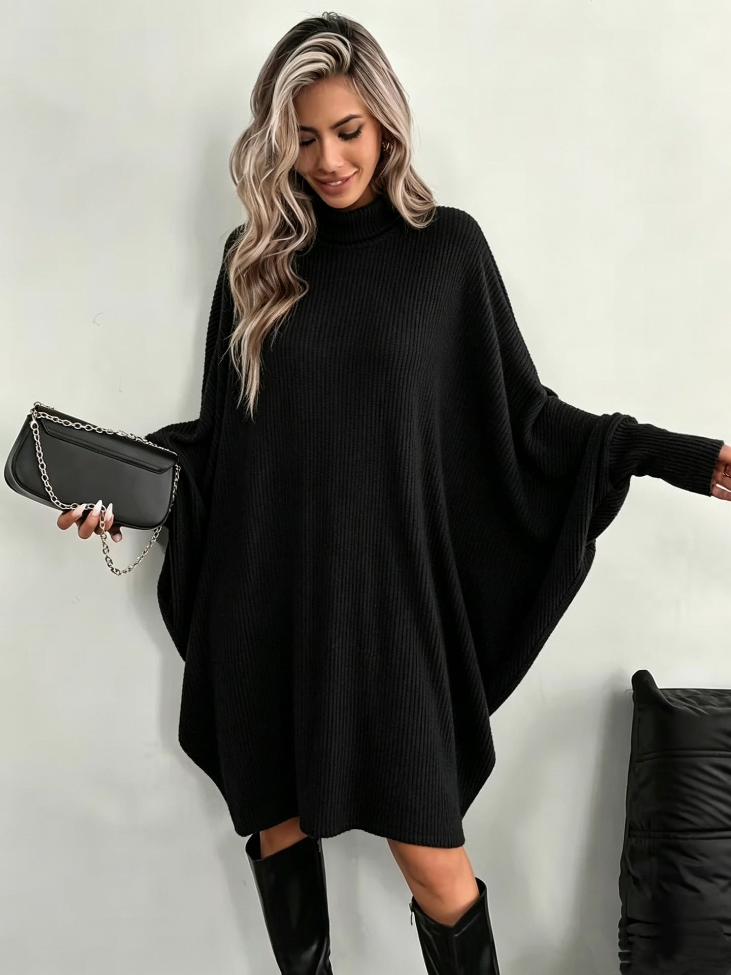 Mock Neck Batwing Ribbed Knit Tunic Dress