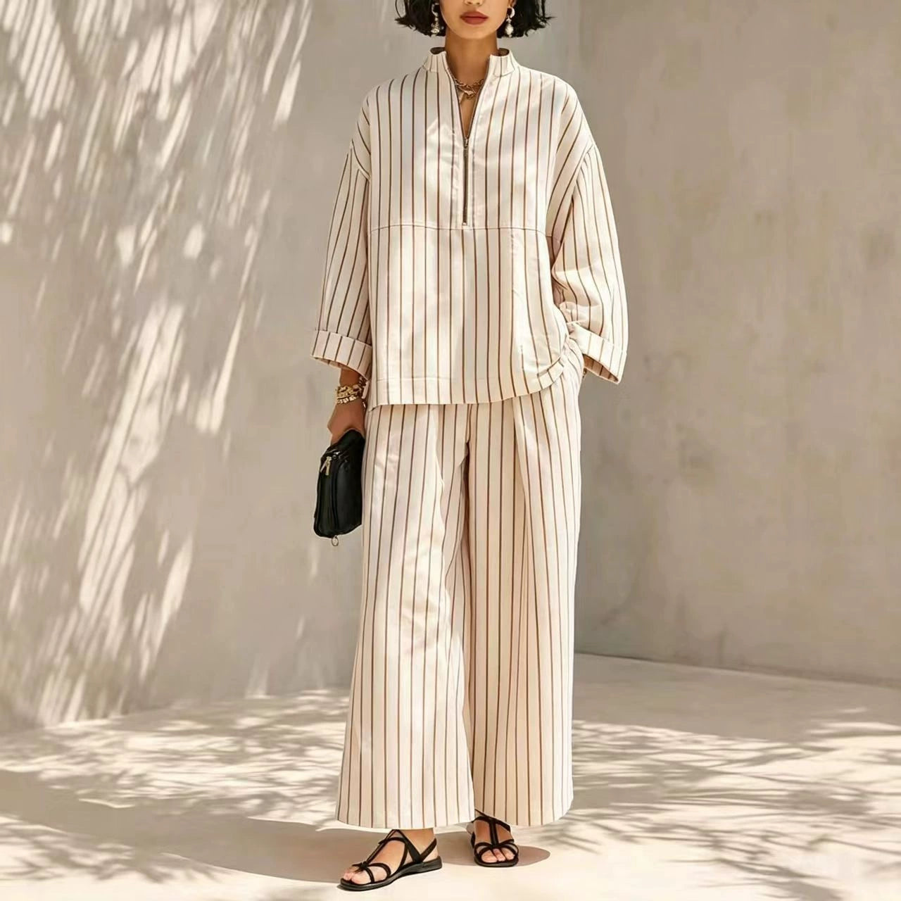 Women's Minimalist Half-Zip Long-Sleeve Top & Wide-Leg Pants Set