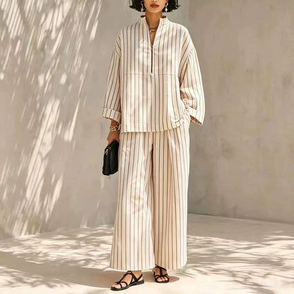 Women's Minimalist Half-Zip Long-Sleeve Top & Wide-Leg Pants Set