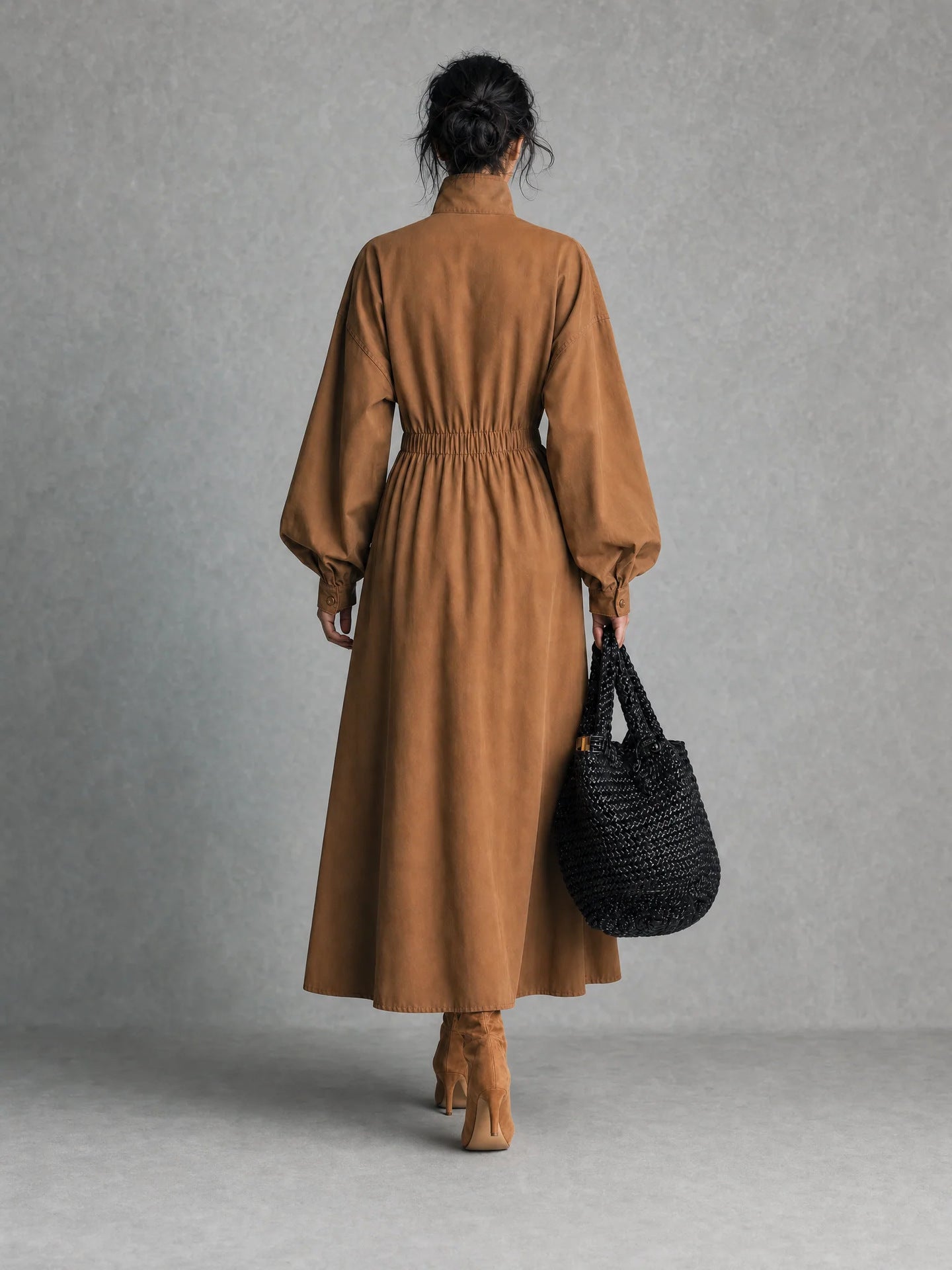 Women's Solid Beige Stand Collar Pocket Elastic Waist Long Sleeve Shirt Midi Dress