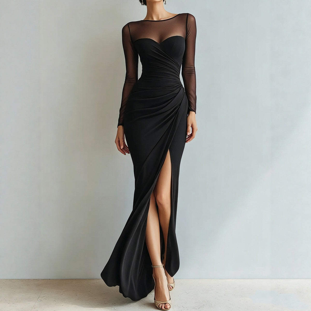 Women's Mesh Long Sleeve Sweetheart Ruched Slit Maxi Evening Dress