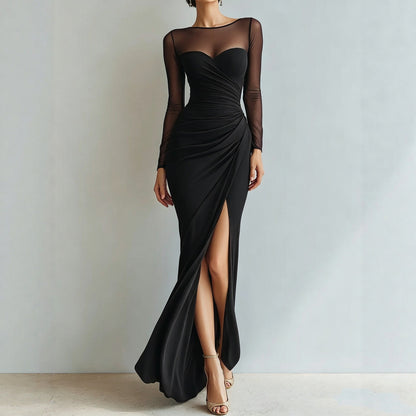 Women's Mesh Long Sleeve Sweetheart Ruched Slit Maxi Evening Dress