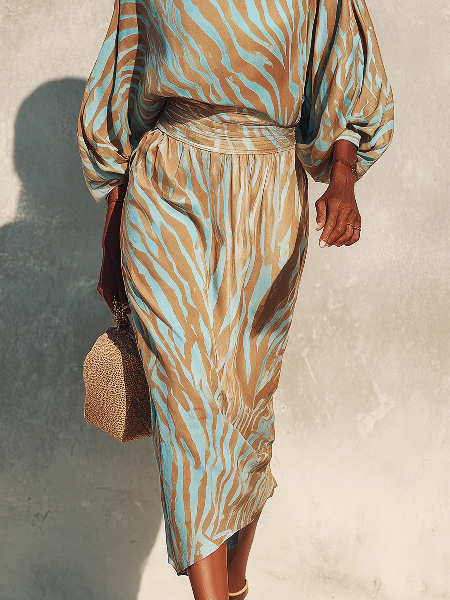 One Shoulder Balloon Sleeve Abstract Print Wrap Midi Dress