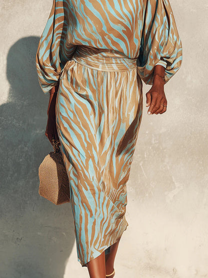 One Shoulder Balloon Sleeve Abstract Print Wrap Midi Dress