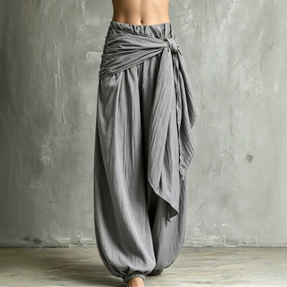 Vintage Wrap Tie Harem Pants, Loose Crinkle Cotton Linen Jogger Trousers