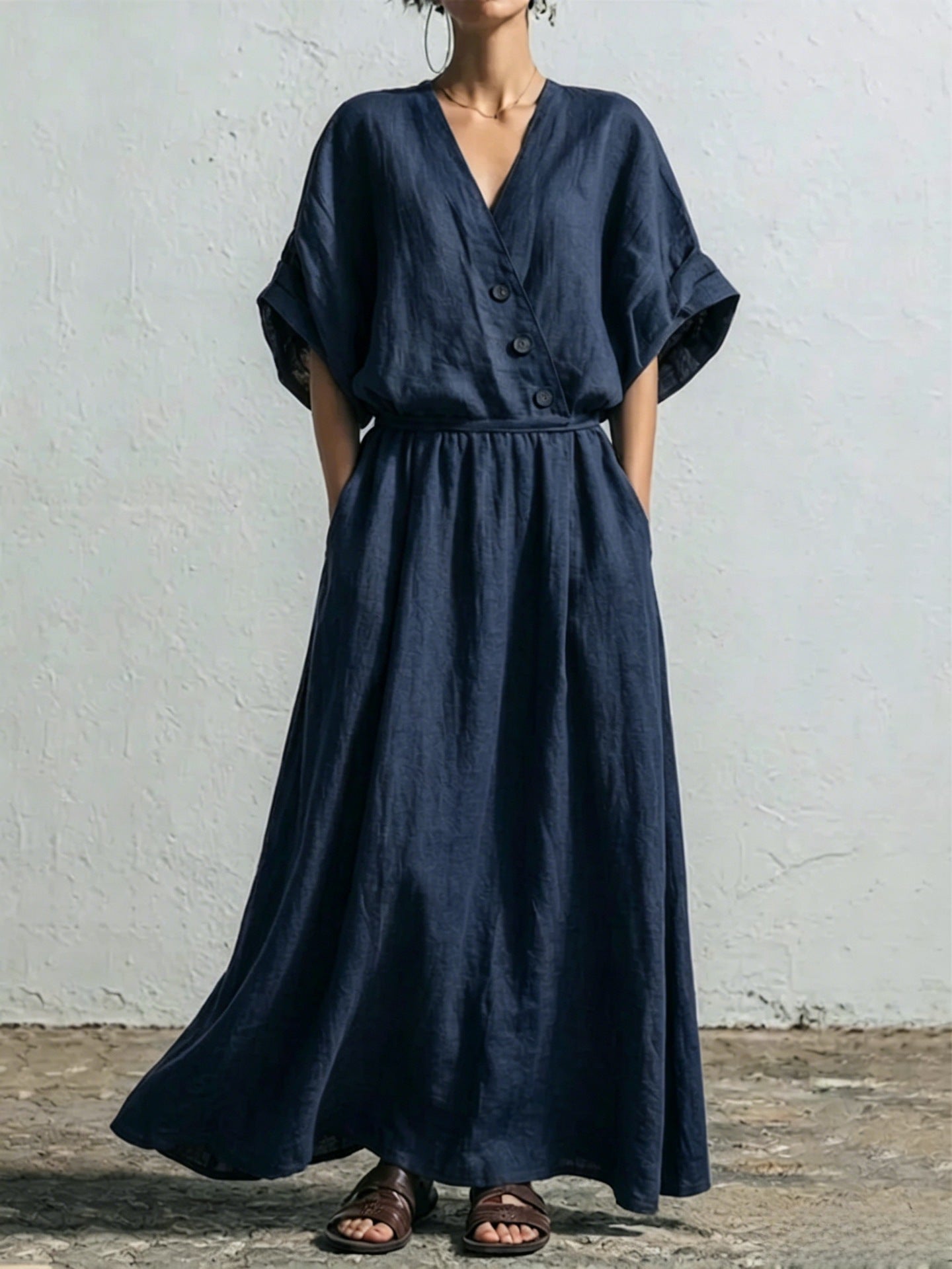 Belted Wrap Linen Blend Pocket Maxi Dress