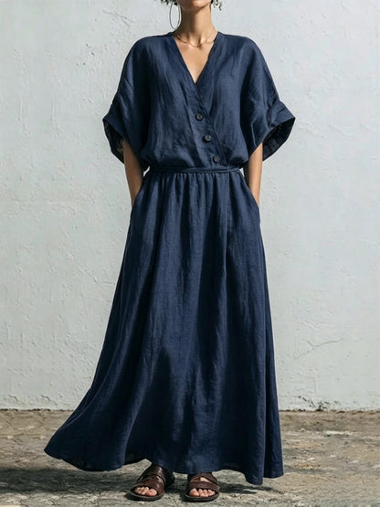 Belted Wrap Linen Blend Pocket Maxi Dress