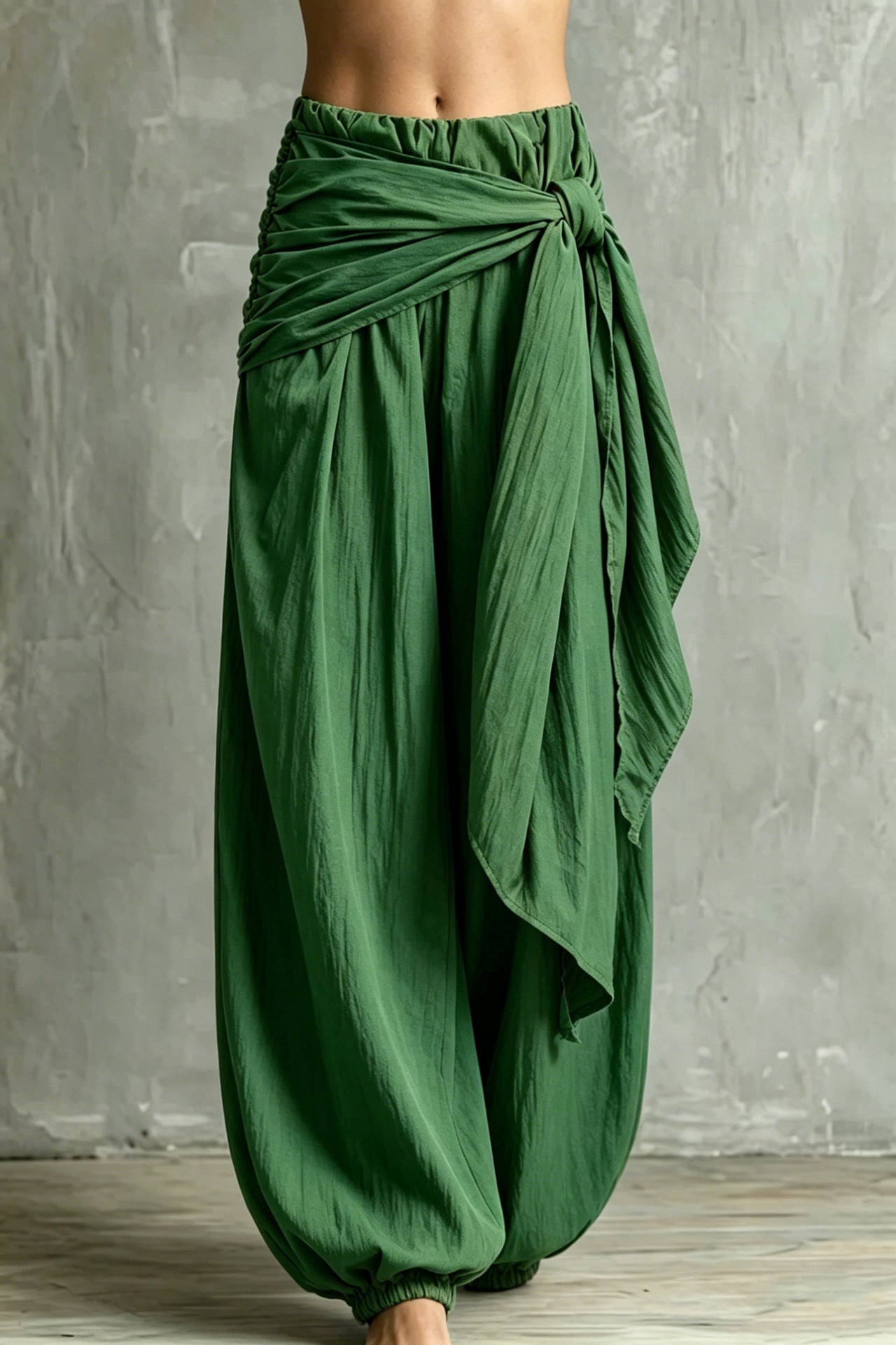 Vintage Wrap Tie Harem Pants, Loose Crinkle Cotton Linen Jogger Trousers